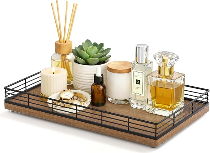 Large Bathroom Vanity Tray – 13" x 8" Acacia Decorative Wooden Tray by Focusonit