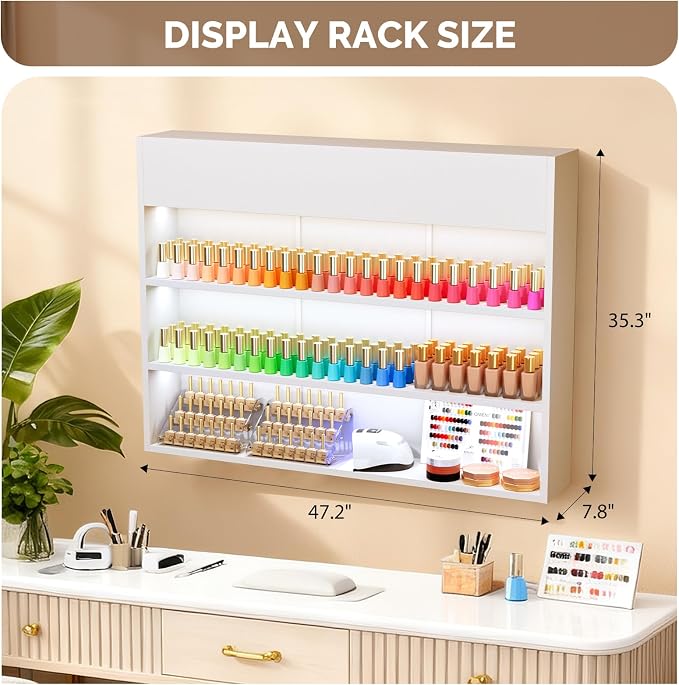 OmySalon Wall Mounted Display Rack, 47.6-Inch 3-Tier LED Nail Polish Organizer - Image 3