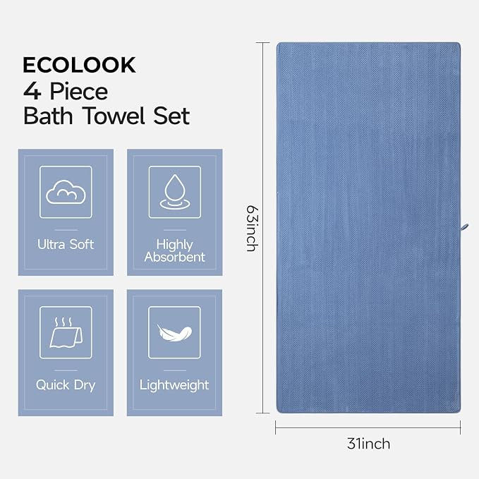 ecolook 4 Pack Microfiber Bath Towels, 31 x 63 inches Extra Large Bath Towel Set - Image 3