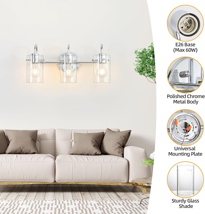 3 Lights Vanity Light, Polished Chrome Bathroom Wall Light Fixture Over Mirror - Image 4