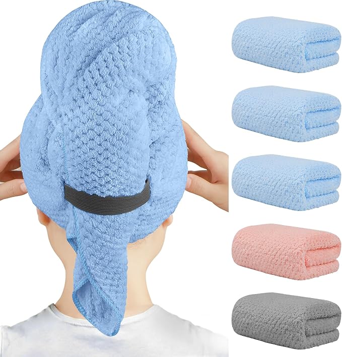HOMEXCEL Blue Microfiber Hair Towels 5 Pack- 40 x 20 inches Super Soft by HOMEXCEL