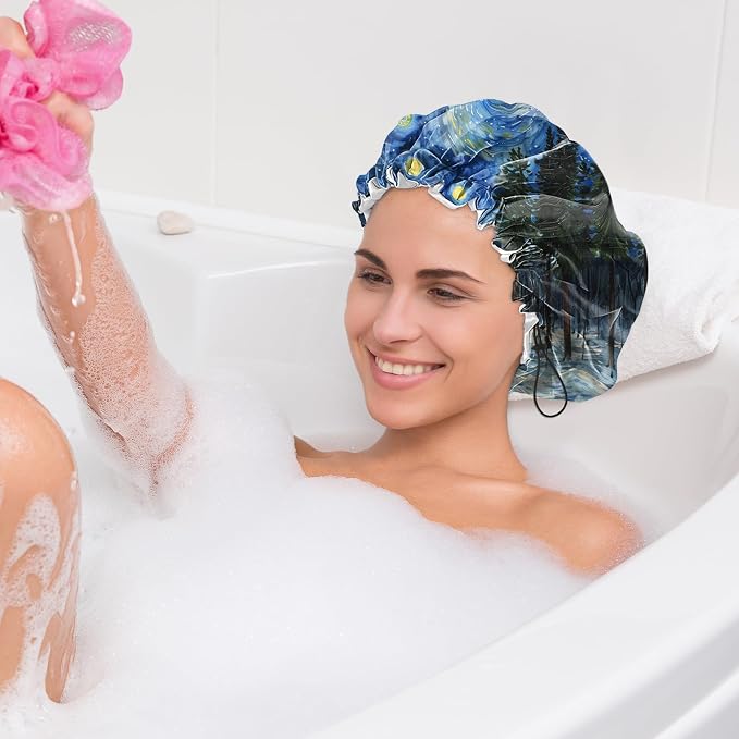 2 PCS Shower Cap Waterproof Double Layer Elastic Adjustable Reusable Hair Bath - Image 7
