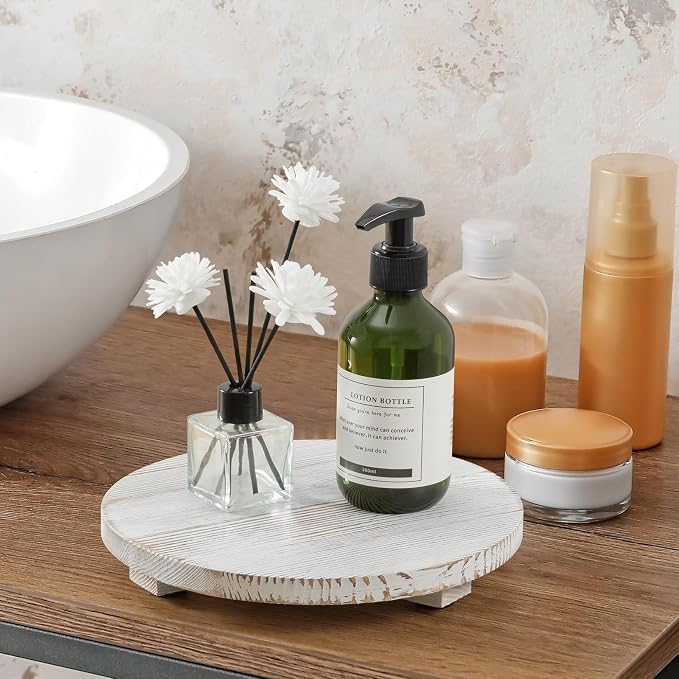 Small Round Decorative Tray White Washed Wood Bathroom Counter Organizer - Image 6