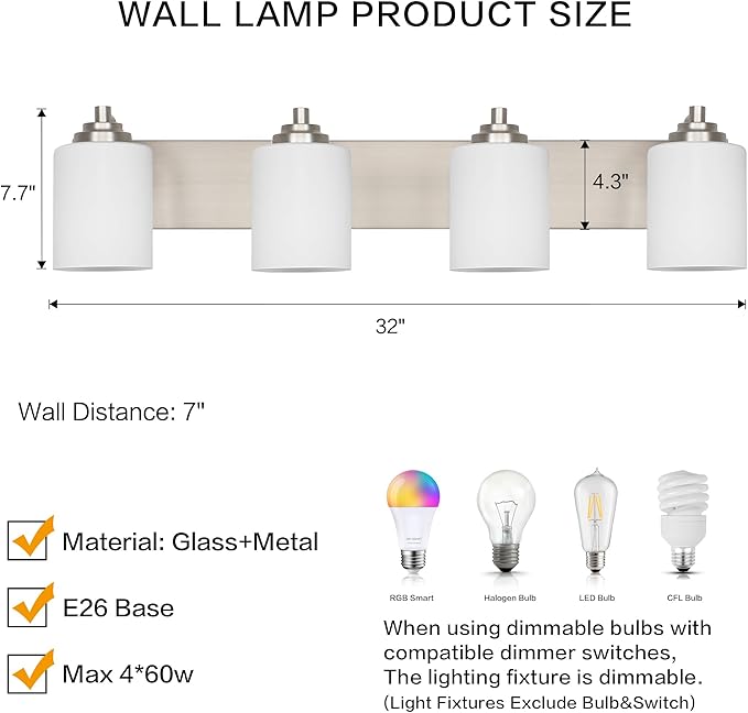 SOLFART Brushed Nickel Bathroom Vanity Light Vintage 4 Light Wall Light - Image 5