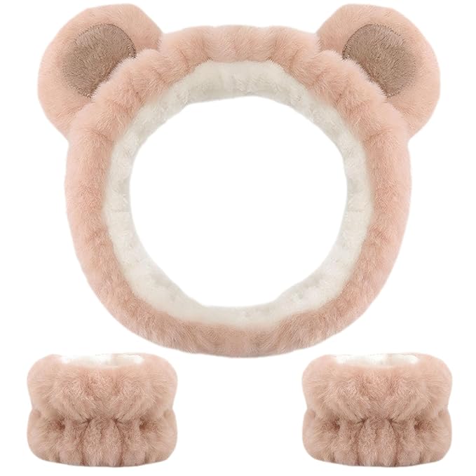 Bear Ears Headband, Cute Spa Headband and Wristband Set Washing Face Skincare by Waliah