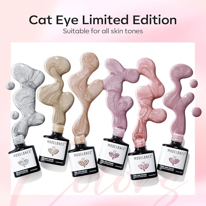 modelones Gel Nail Polish Set, 6 Colors Nude Pink Silver 9D Glassy Cat Eye - Image 5