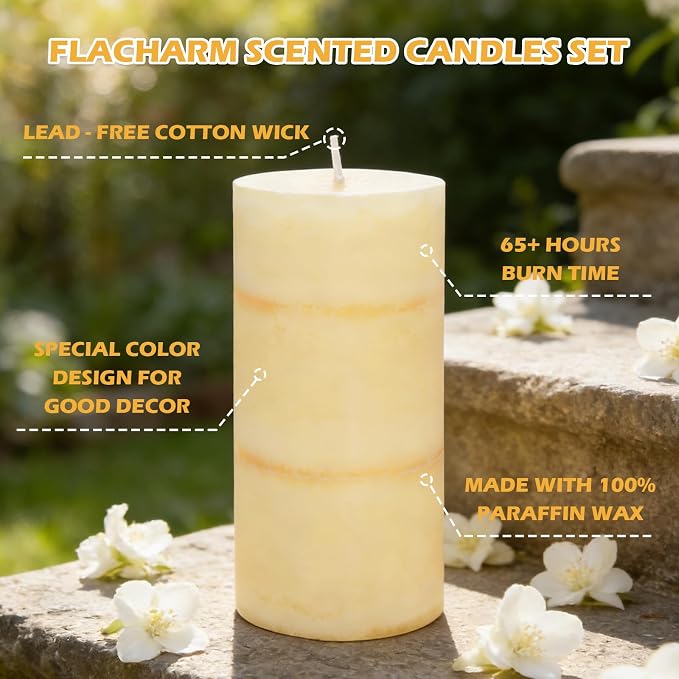 3x6 Inches Jasmine Scented Pillar Candles Ivory White Hand-Poured Long Burning - Image 4