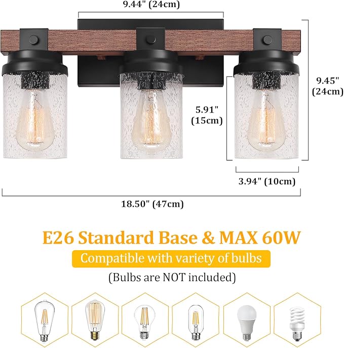 Farmhouse Vanity Light Fixtures, 3-Light Rustic Bathroom Lights Over Mirror - Image 6