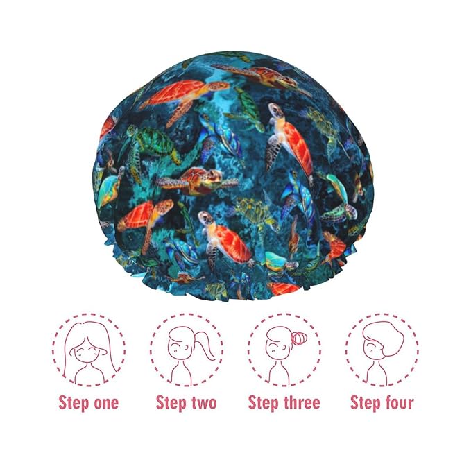 Sea Turtle Shower Cap For Women Adjustable Double Waterproof Layers Bathing - Image 7