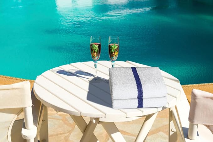 Avalon Towels 100% Cotton Pool Towels White Beach Towels Blue Stripe Pack of 12 - Image 7