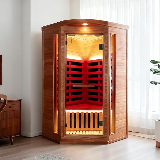 OUTEXER Corner Sauna for One Person Far Infrared Sauna Low-EMF African Mahogany - Image 7