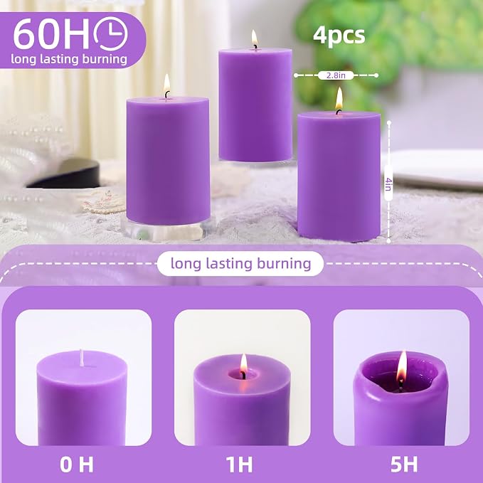 4 Pack Lilac Scented Soy Pillar Candle 2.8x4In, 240H Long Burn, Natural Spring - Image 5