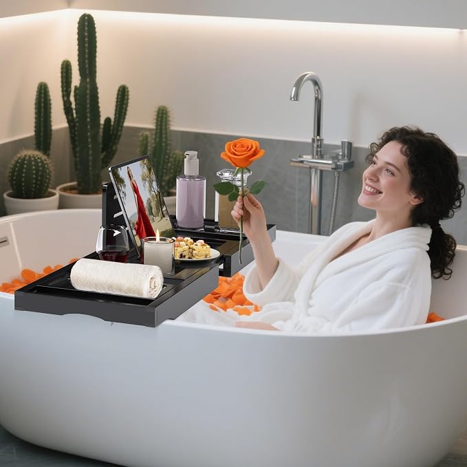 Bathtub Tray Caddy, Premium Bamboo Expandable Bath Tub Trays Table, Foldable - Image 7