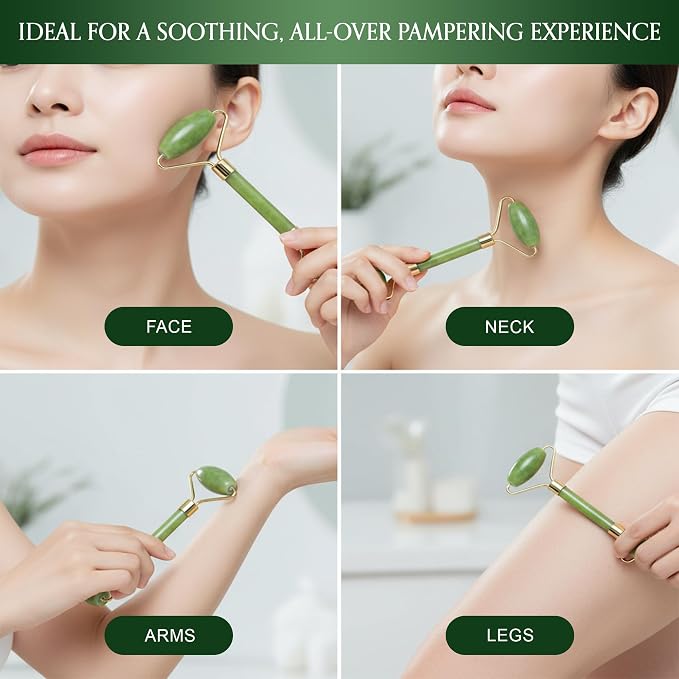 Jade Roller and Gua Sha Set for Face & Body – 4-Piece Authentic Jade Facial - Image 3