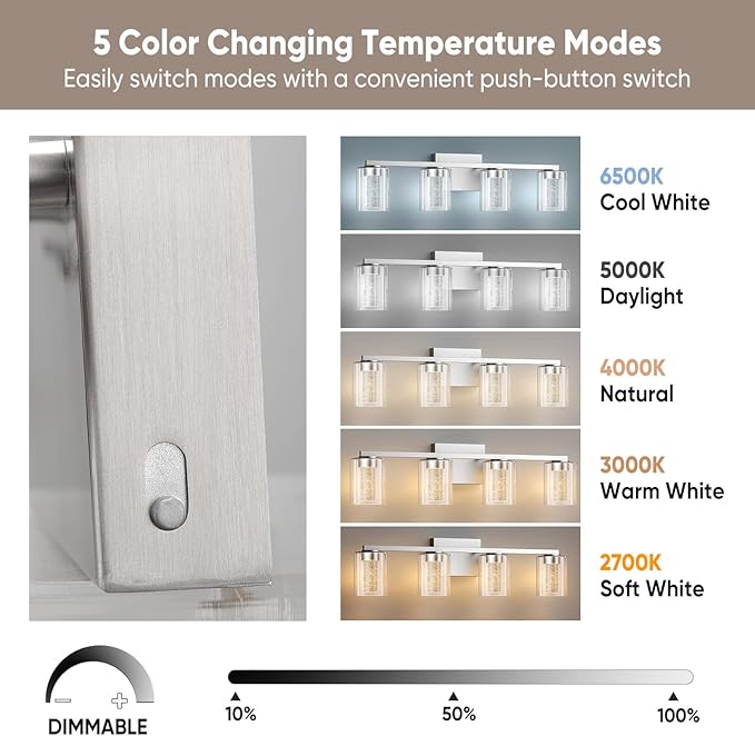 LED Modern Bathroom Light Fixtures Over Mirror, 4-Light Brushed Nickel Vanity - Image 3