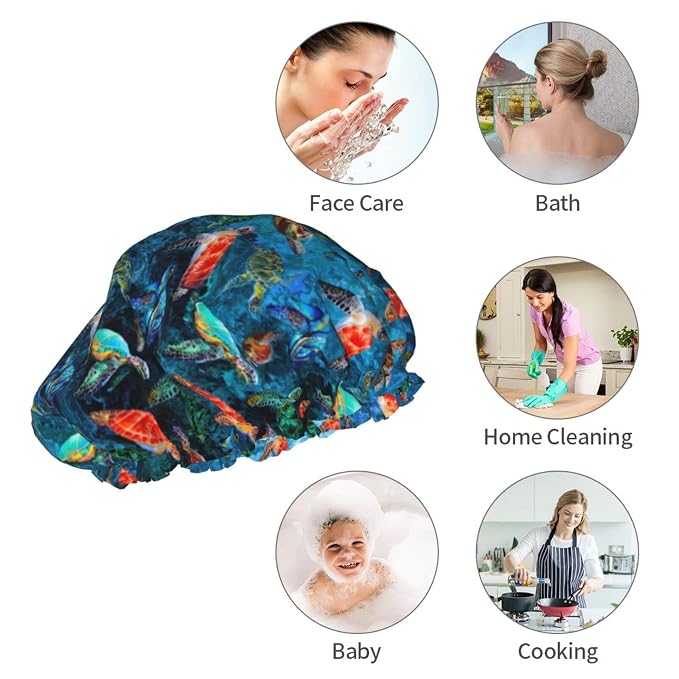 Sea Turtle Shower Cap For Women Adjustable Double Waterproof Layers Bathing - Image 9