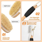 Wood Body Brush Set, 19.3’’ Long Handle Bath Body Back Scrubber Soft & Stiff - Image 2