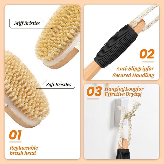 Wood Body Brush Set, 19.3’’ Long Handle Bath Body Back Scrubber Soft & Stiff - Image 2