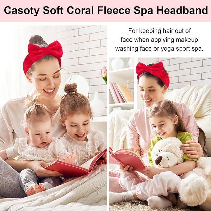 Casoty 12 Pcs Red Spa Headbands, Facewash Headbands, Soft Coral Fleece Makeup - Image 6