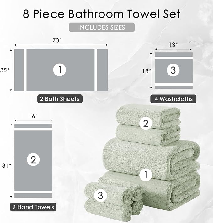 8 Piece Bath Towel Set Green|2 Oversized Large Bath Sheet, 2 Hand Towels - Image 5