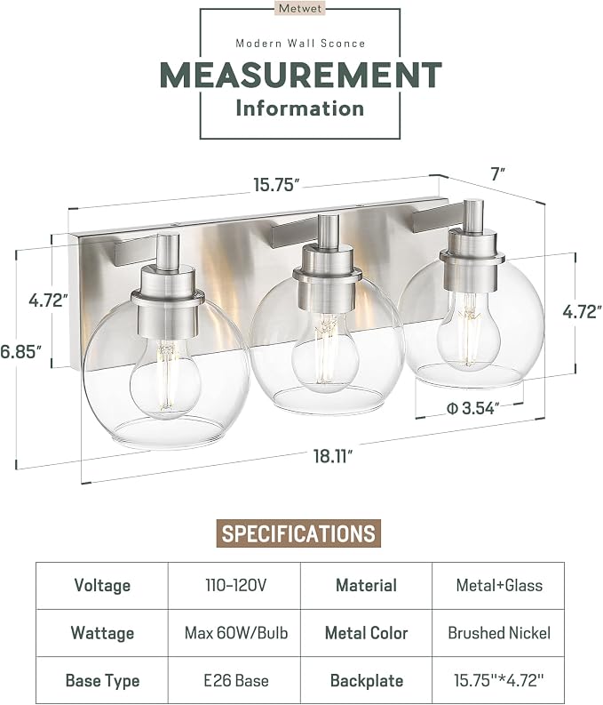 Bathroom Light Fixtures, 3-Light Brushed Nickel Vanity Light, Modern Wall - Image 2