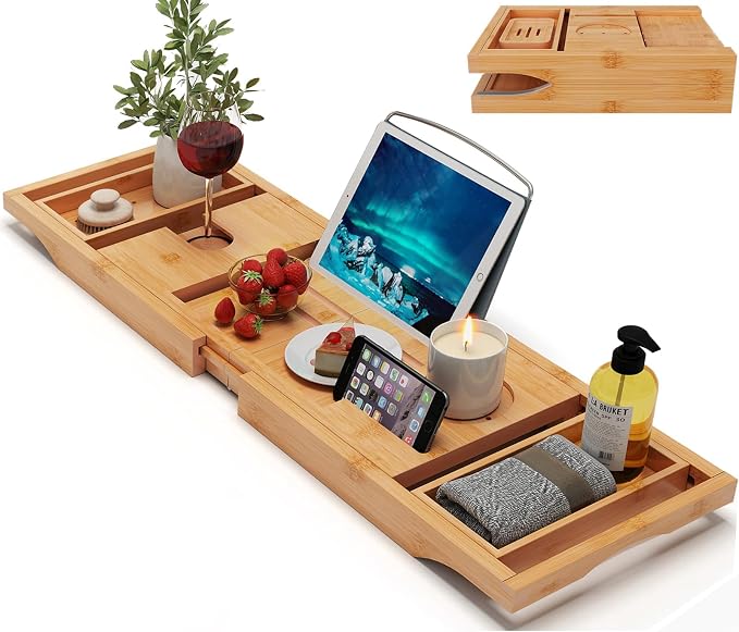 Bamboo Bathtub Caddy Tray Expandable by BAMBUROBA