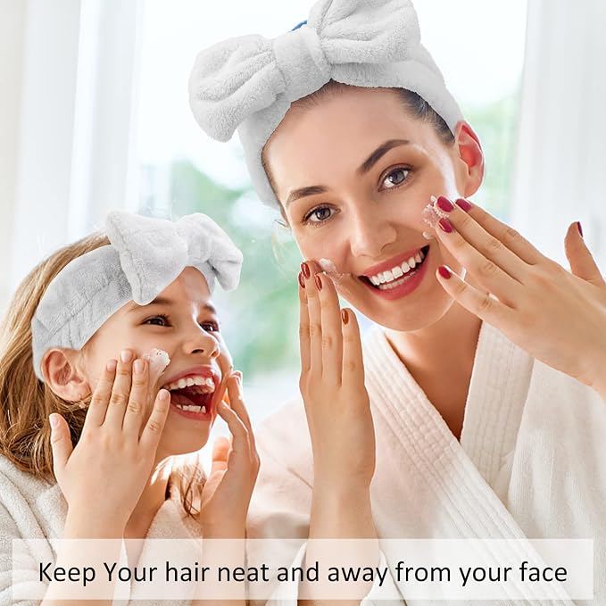 Casoty 6 Pcs Grey Spa Headband, Bow Hair Band, Soft Coral Fleece Makeup Headband - Image 5