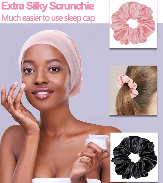 Sleep Cap Bonnet for Sleeping Black Women, Adjustable Cooling Ice Silk Lined - Image 4