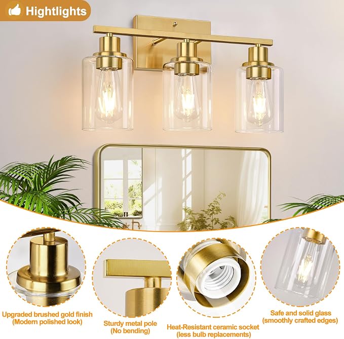 3-Light Vanity Lights with Clear Glass Shades, Brushed Gold Bathroom Light - Image 3