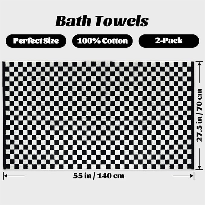 Jacquotha Black and White Checkered Cotton Bath Towels Set of 2 - Image 4