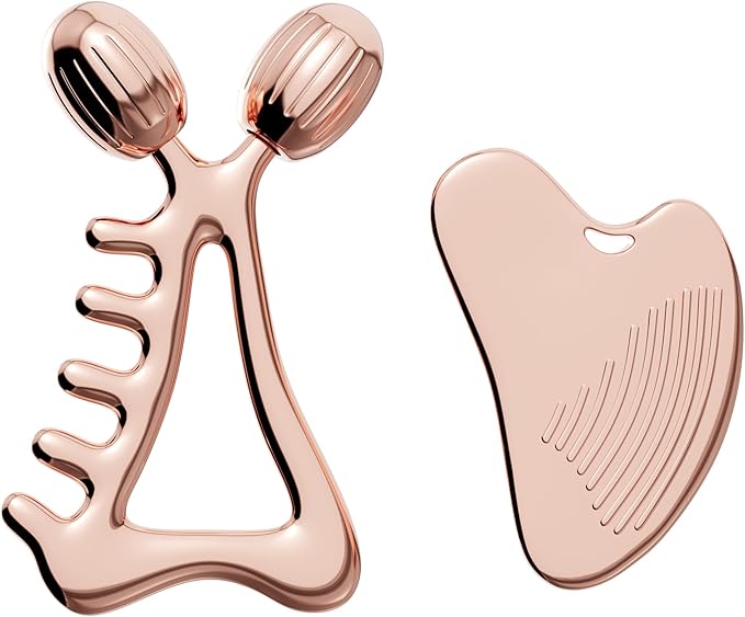 Gua Sha Facial Tools & Face Roller Set, Stainless Steel Facial Massager Tools by Yeamon
