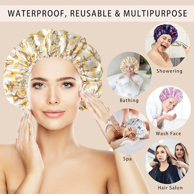 Shower Cap for Women, Double Layers Shower Caps Reusable Waterproof, Bathing - Image 3