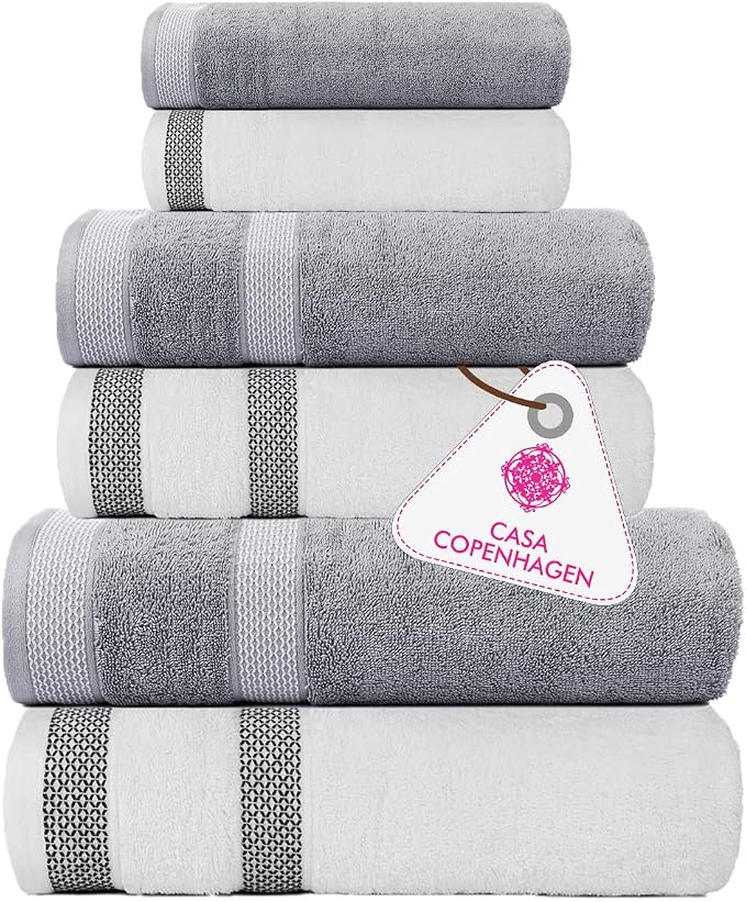 CASA COPENHAGEN Solitaire Mix 6 Pieces Towel Set- White + Grey Violet, 600 GSM by CASACOPENHAGEN