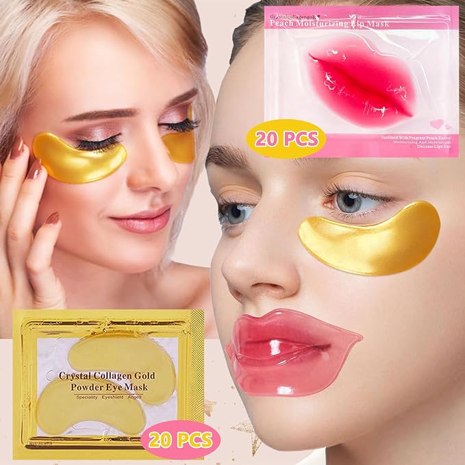 40 Pairs Lip Mask & Eye Mask, 24K Gold Gel Crystal Collagen Under Eye Patches - Image 6