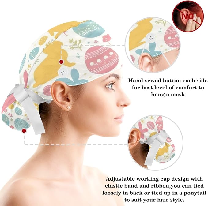 Scrub Caps Women Ponytail Cute Pink and White Leaves Caps Bouffant Working Hat - Image 3