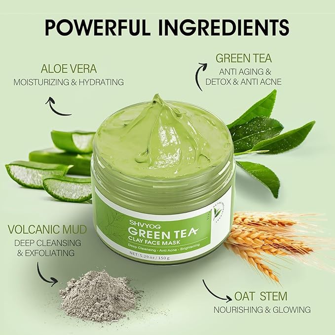 SHVYOG Green Tea Face Mask, Antioxidant Green Tea Clay Mask - Image 2