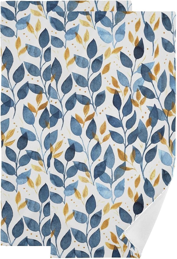 Blue and Gold Leave Branches Hand Towels by Unknown