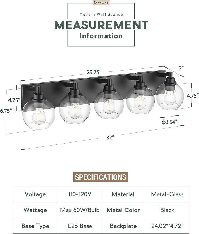 Bathroom Light Fixtures, 5 Light Matte Black Vanity Light, 32 Inch Modern Wall - Image 2