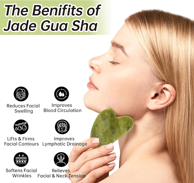 Jade Gua Sha and Face Roller, Real Jade Gua-Sha Stone Facial Tools Set - Image 2