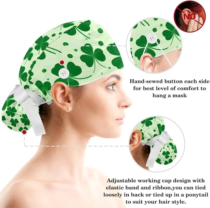 Scrub Caps Women Ponytail Cute Pink and White Leaves Caps Bouffant Working Hat - Image 3