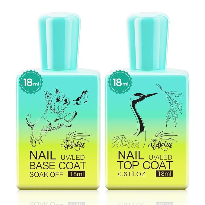 2 Pcs 18ml Gel Base Coat and Glossy Top Coat Set No Wipe Foundation Combination by GELLAKTIK