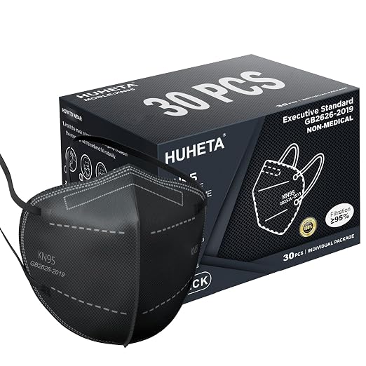 HUHETA KN95 Face Masks, Packs of 30 Individually Wrapped, 5-Ply Breathable and by HUHETA