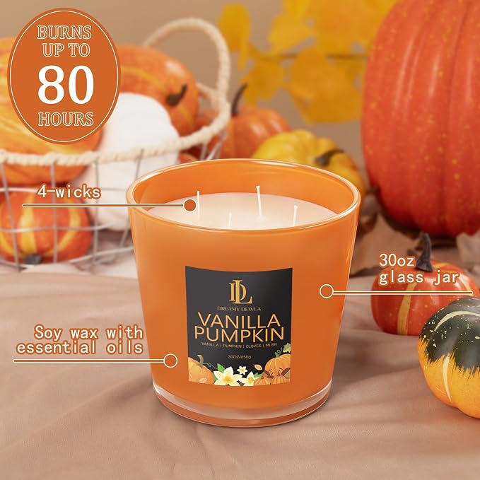 Large Candle Vanilla Pumpkin Scented, 4 Wick Natural Soy Candles - Image 3