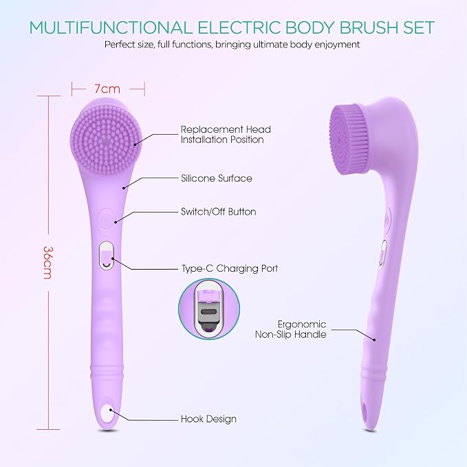 VOYOR Electric Body Brush Back Scrubber Silicone Body Scrubber Two-Way Rotating - Image 6