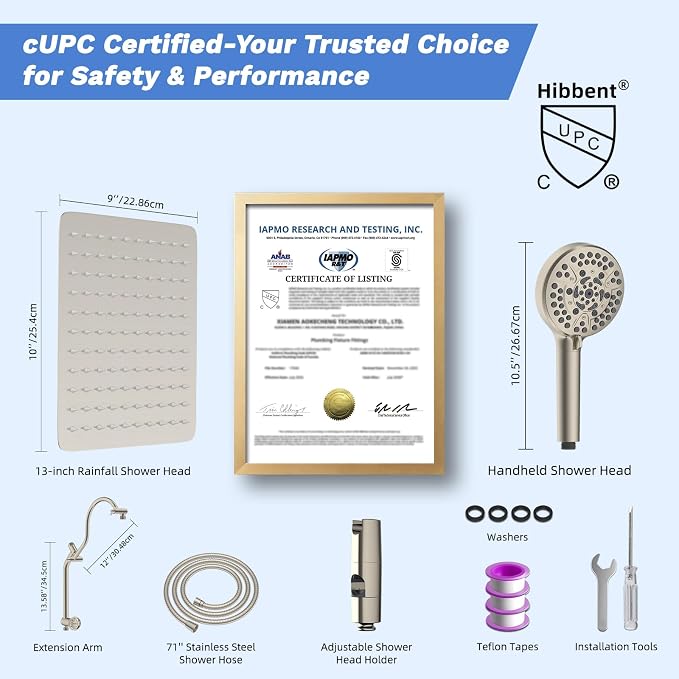 Hibbent cUPC Certified All Metal 10" Rainfall Showerhead Combo, High Pressure - Image 9