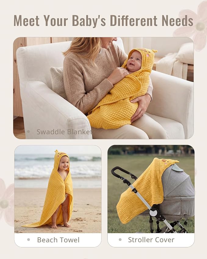 Blissful Diary Muslin Baby Hooded Towel 1 Pack, Soft & Absorbent Bath Towel - Image 6