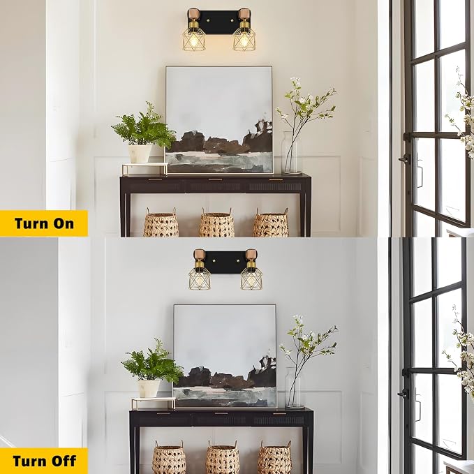 FadimiKoo Rustic Style Wood Bathroom Wall Sconces, 2-Light Black Gold Bathroom - Image 5