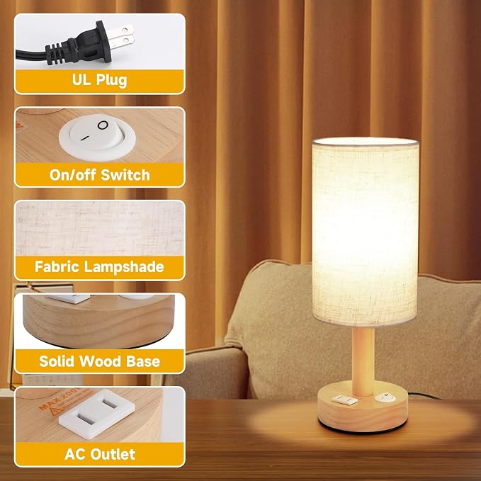 Small Bedside Table Lamp with AC Outlet, Natural Round Wood Base&Fabric Linen - Image 6