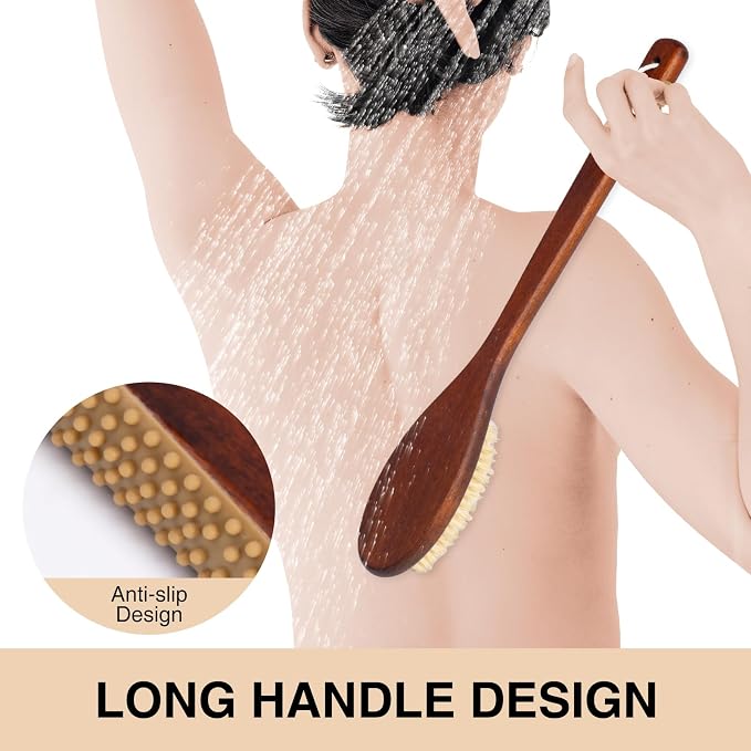 Wooden Bath Brush with Gentle Bristles Long Handle - Image 3
