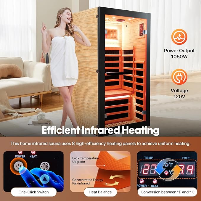 OUTEXER Sauna One Person Infrared Saunas Room Chilean Pine Wood 1050W Dry - Image 4